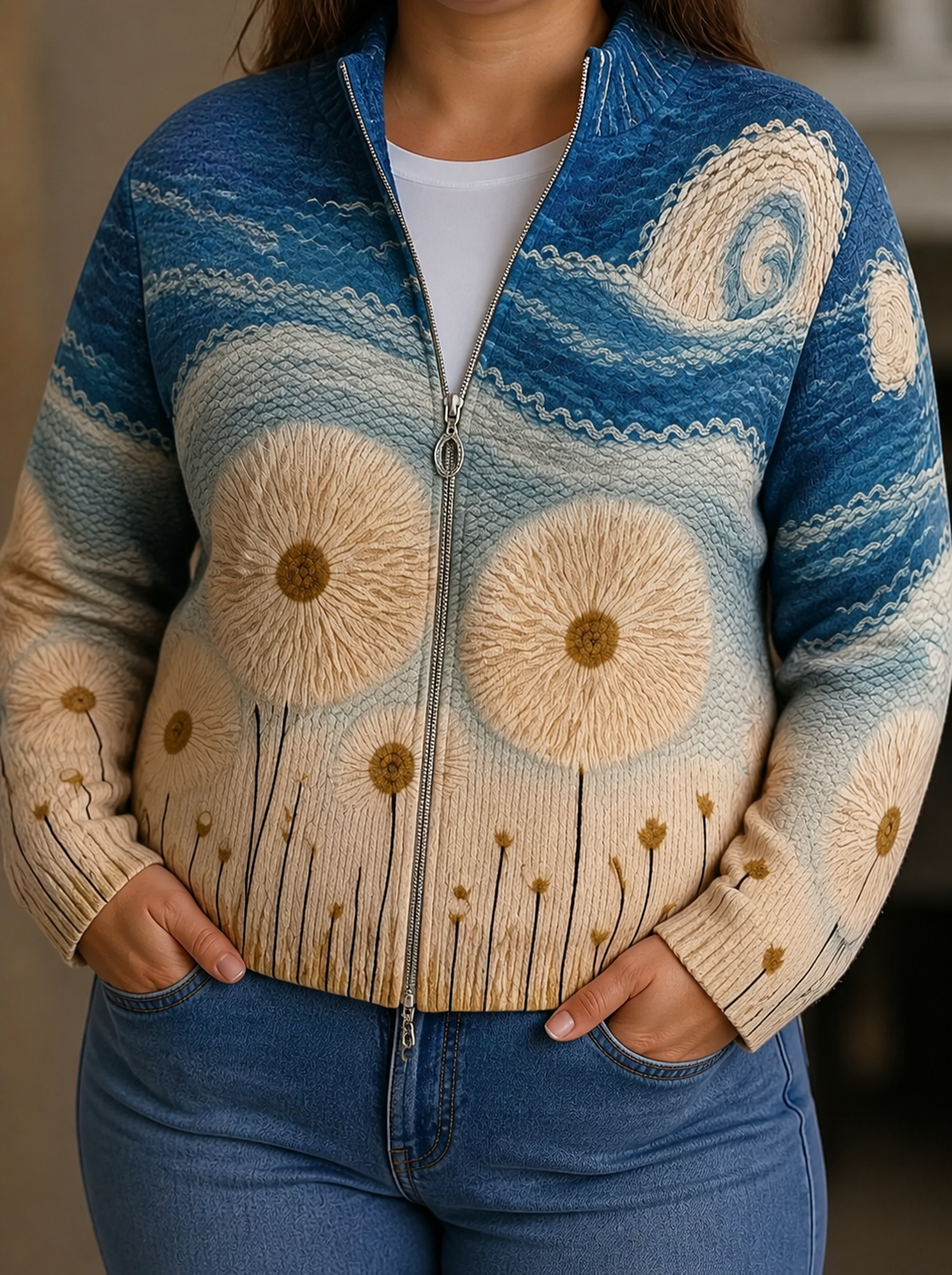 Deborah | Dandelion Art Zip Cardigan