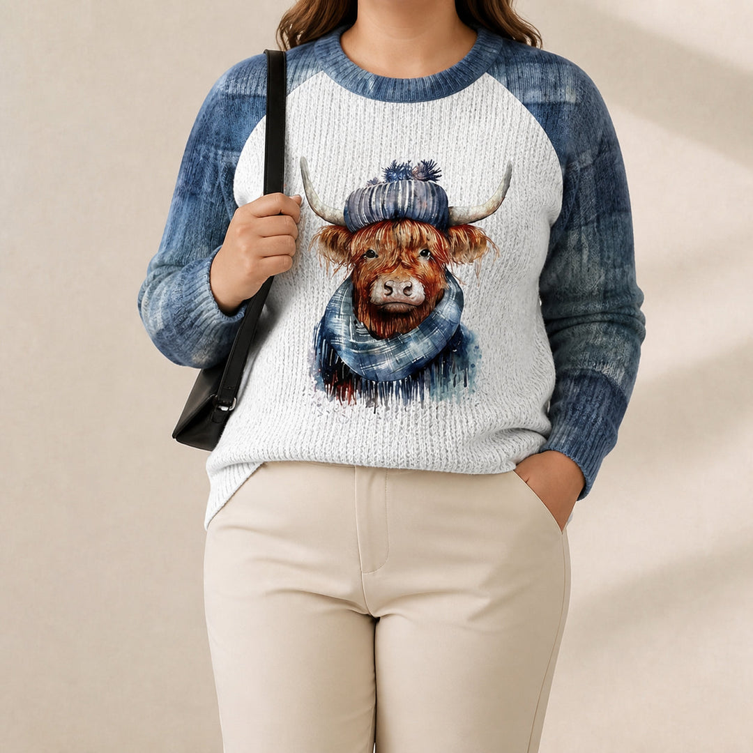 Cotton Sweater Blue & Cream with Highland Cow Pattern