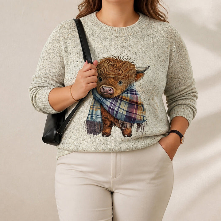 Cotton Sweater Cream with Highland Cow Pattern