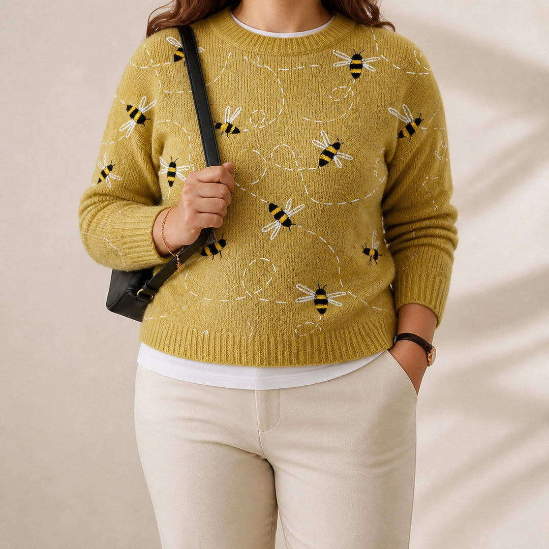 Cotton Sweater Mustard Yellow with Bee Pattern