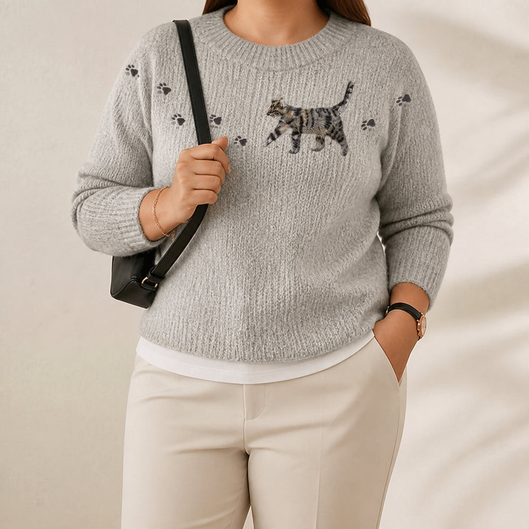 Cotton Sweater Gray with Kitten & Paw Prints