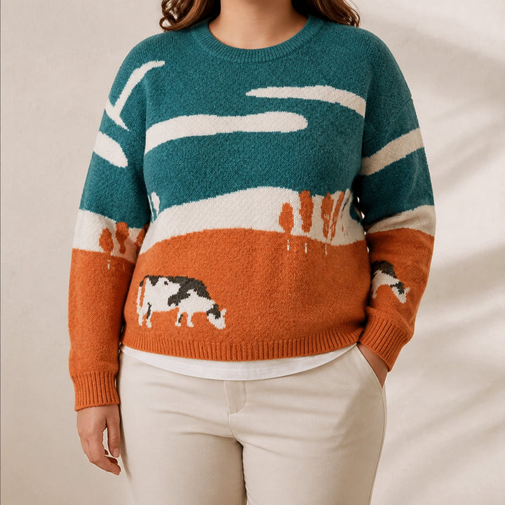 Cotton Sweater Teal & Orange with Landscape & Cow Design