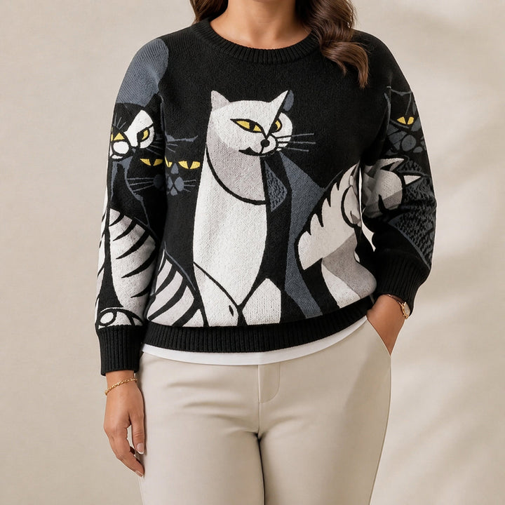 Cotton Sweater Black with Cat Design