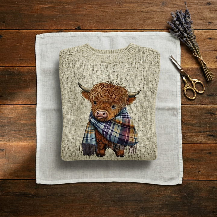 Cotton Sweater Cream with Highland Cow Pattern