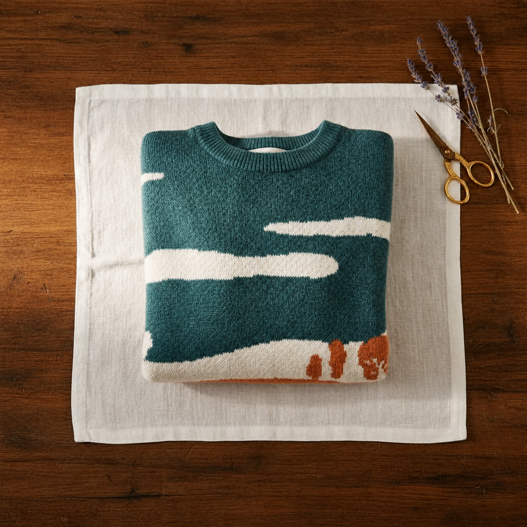 Cotton Sweater Teal & Orange with Landscape & Cow Design