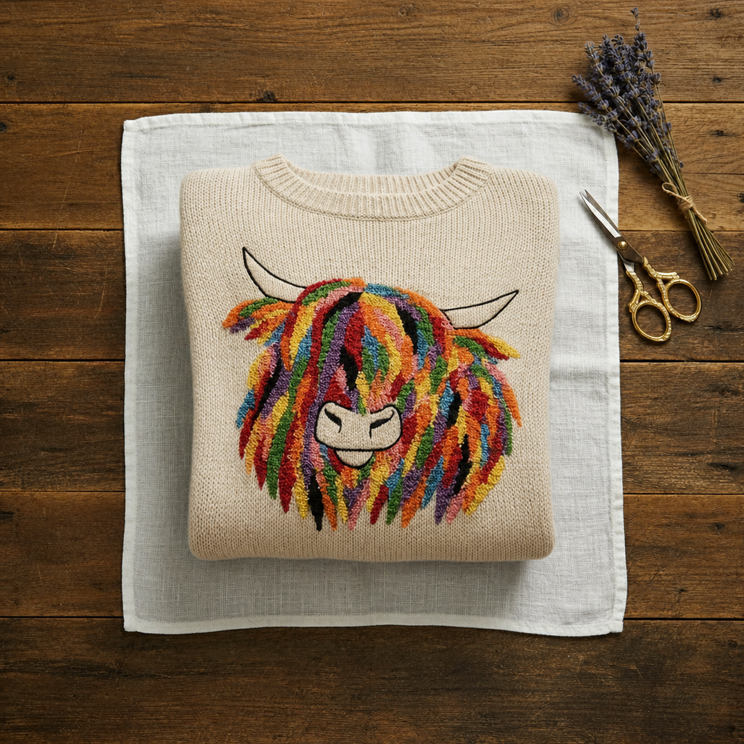 Cotton Sweater Cream with Rainbow Cow Design