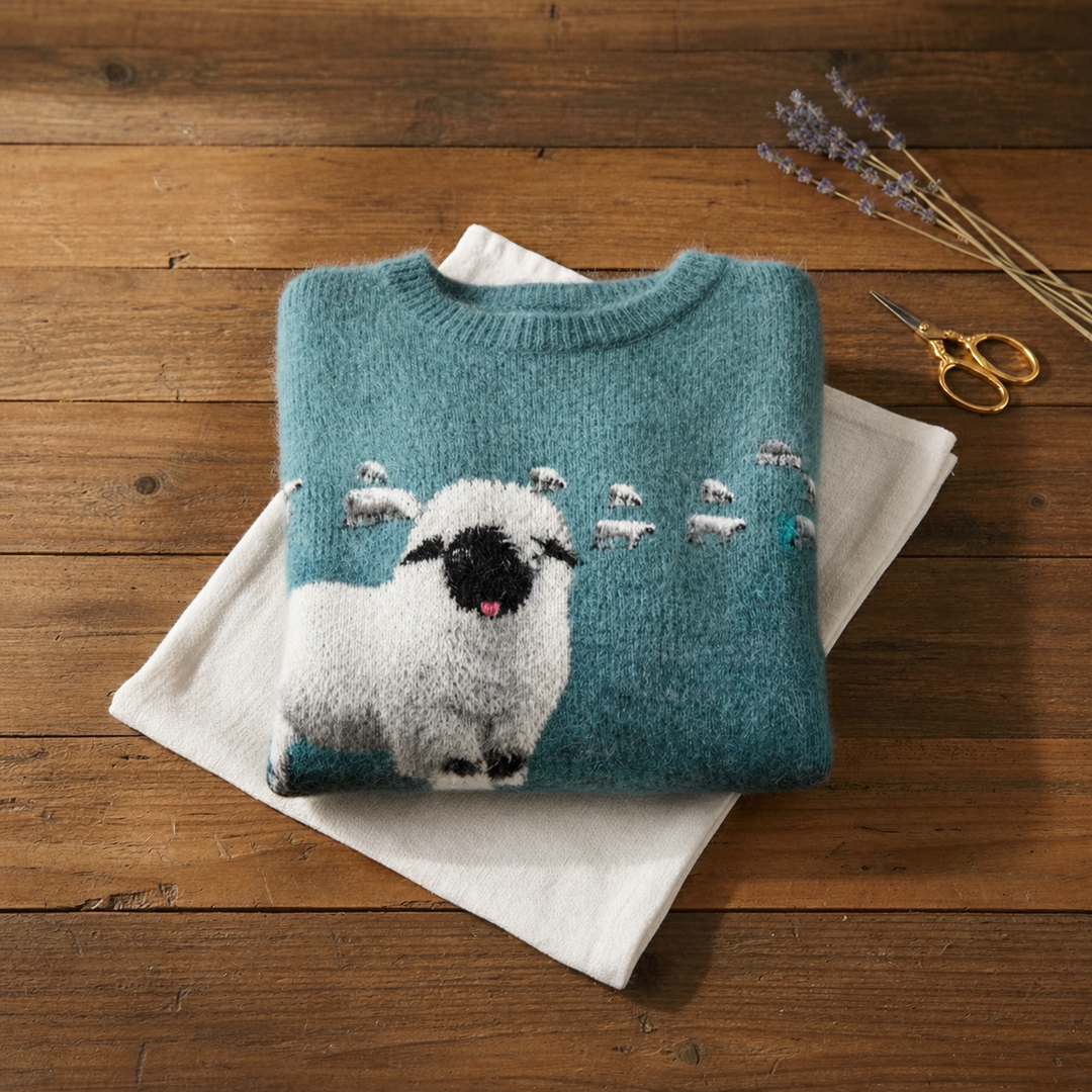 Cotton Sweater Teal with Sheep Pattern