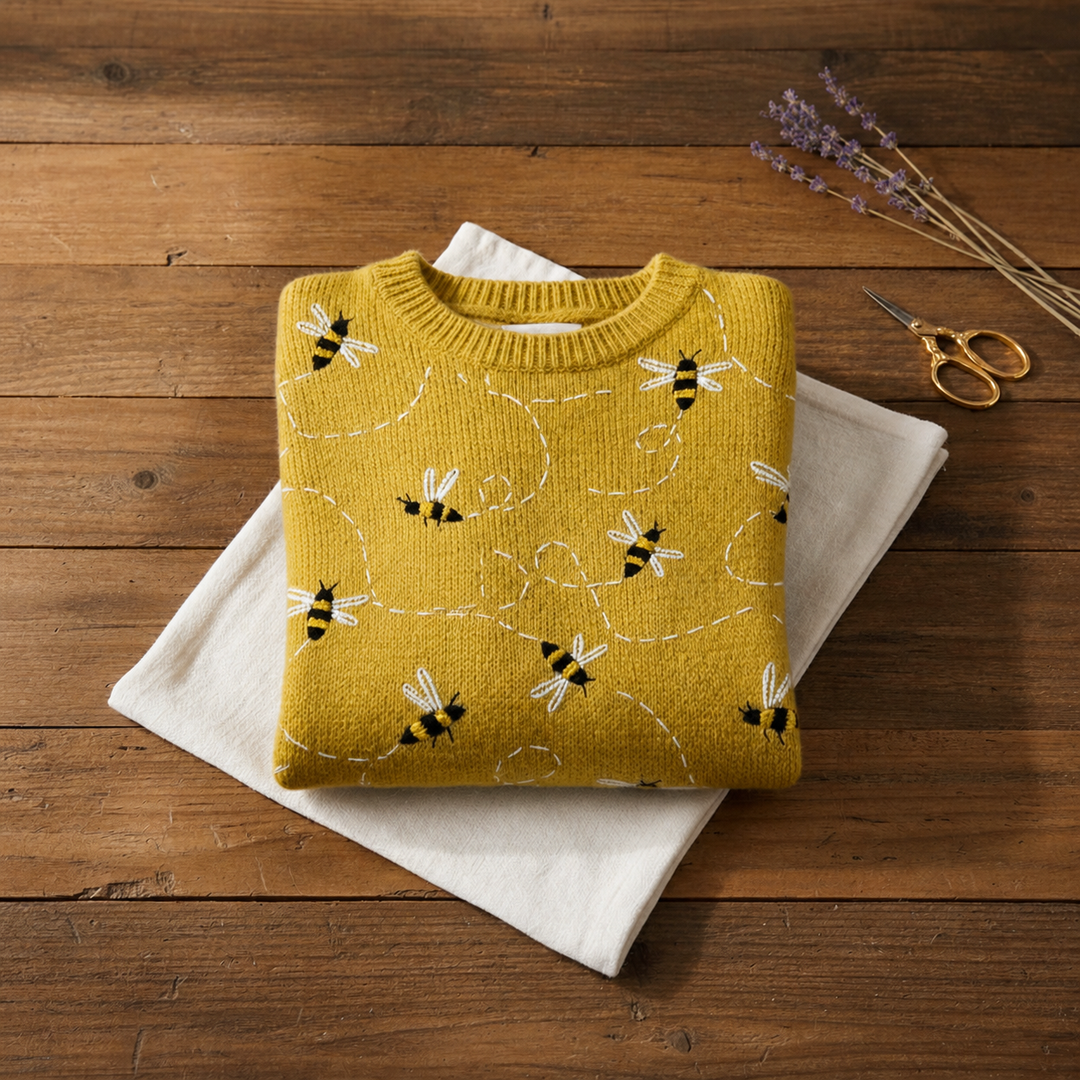 Cotton Sweater Mustard Yellow with Bee Pattern