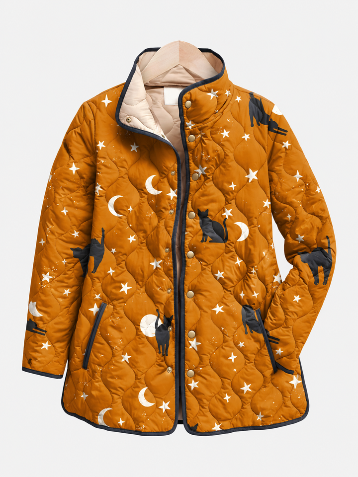 Maya | Black Quilted Jacket with Cat Pattern
