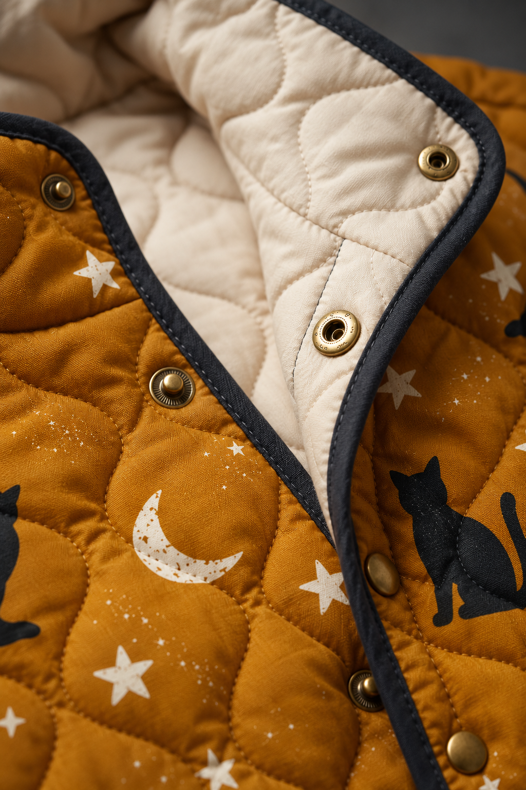 Maya | Black Quilted Jacket with Cat Pattern