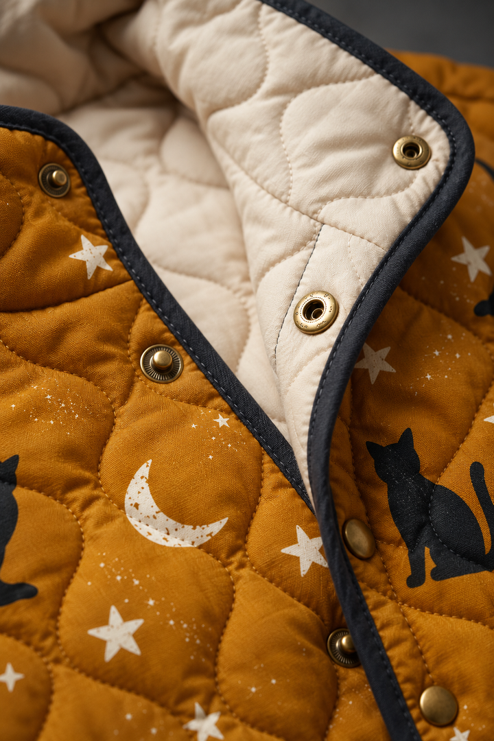 Maya | Black Quilted Jacket with Cat Pattern