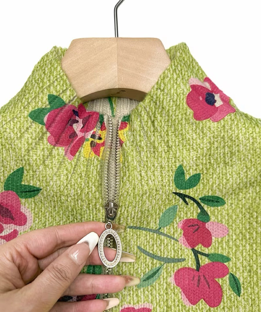 Susan | Pink Floral Lime Zip Cardigan
