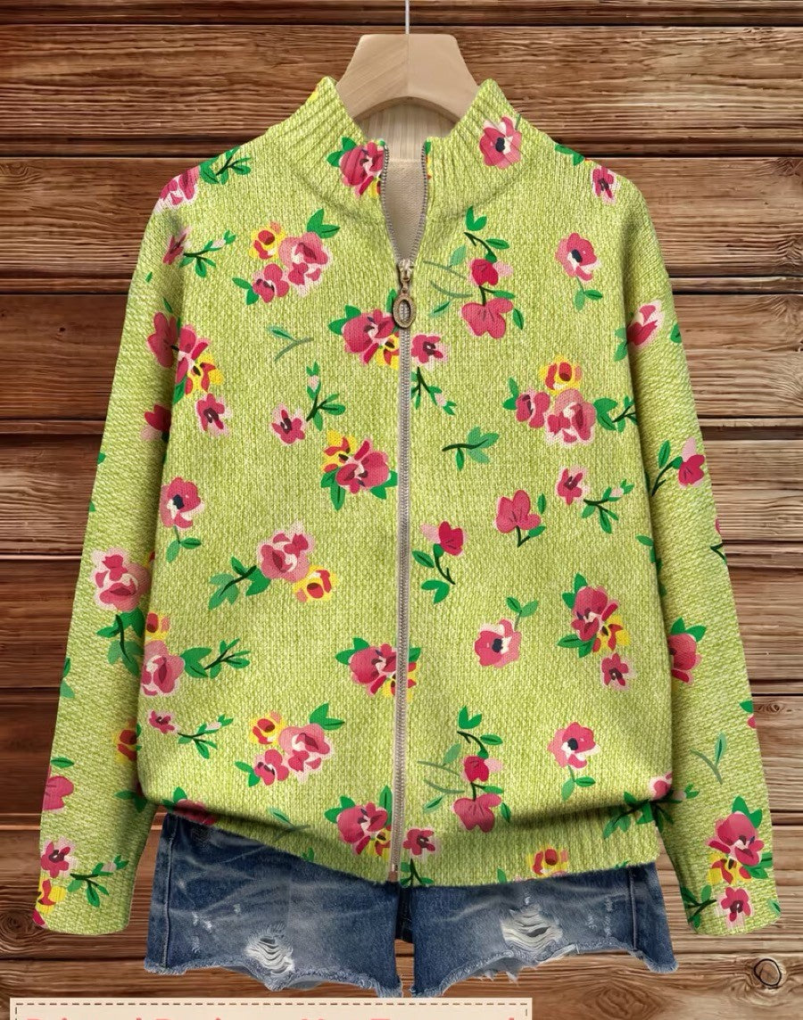Susan | Pink Floral Lime Zip Cardigan