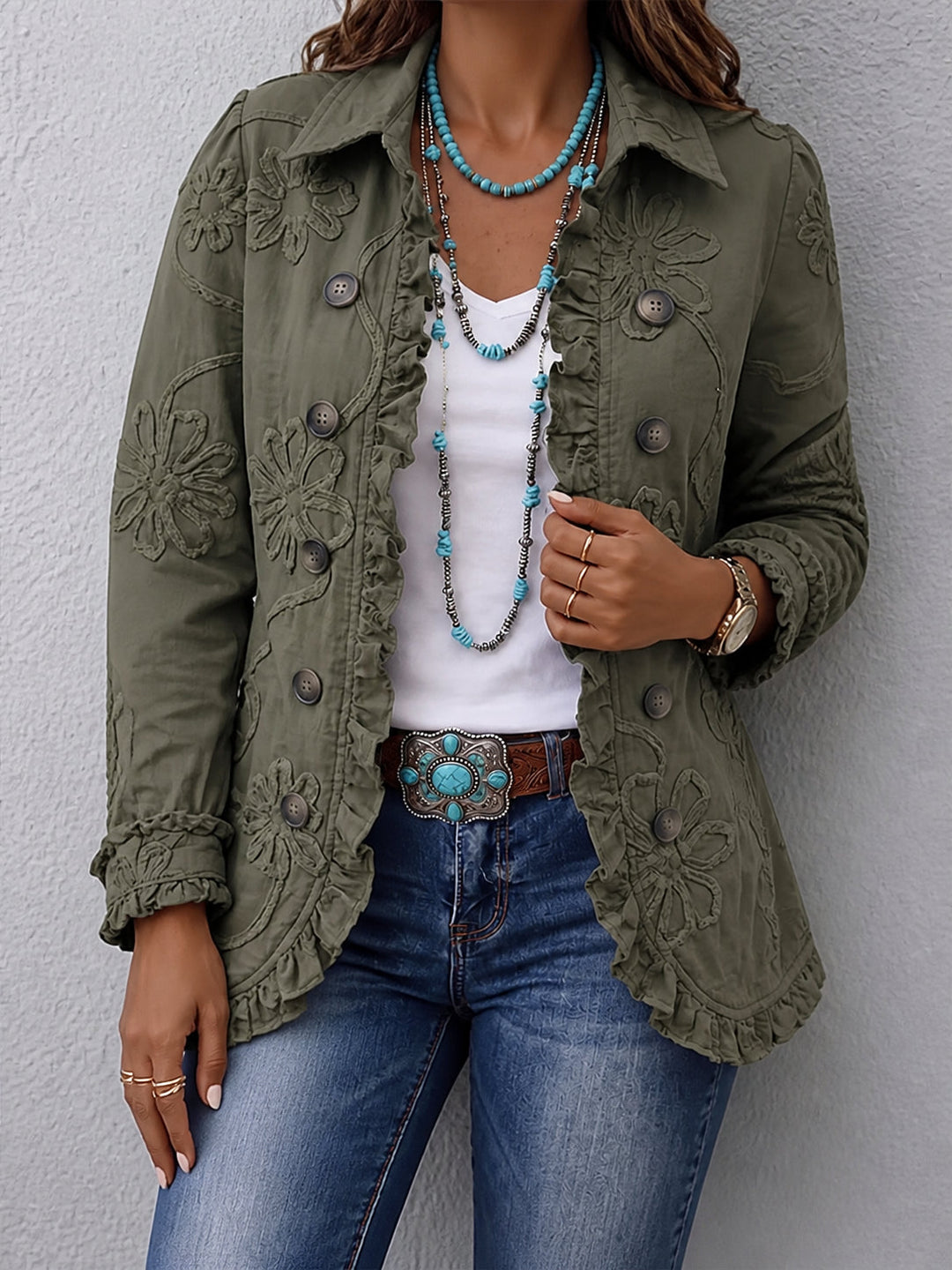 Kamberly | Boho-Chic Floral Embroidered Utility Ruffled Trim Jacket