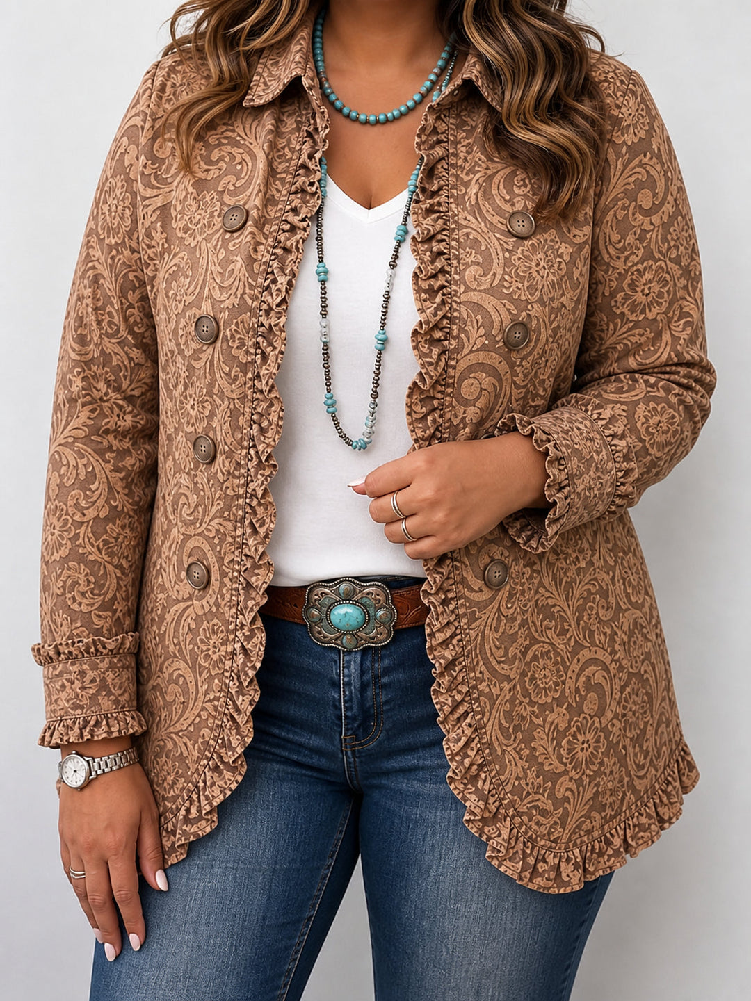 Vyclara | Vintage Bohemian Floral Print Ruffled Jacket